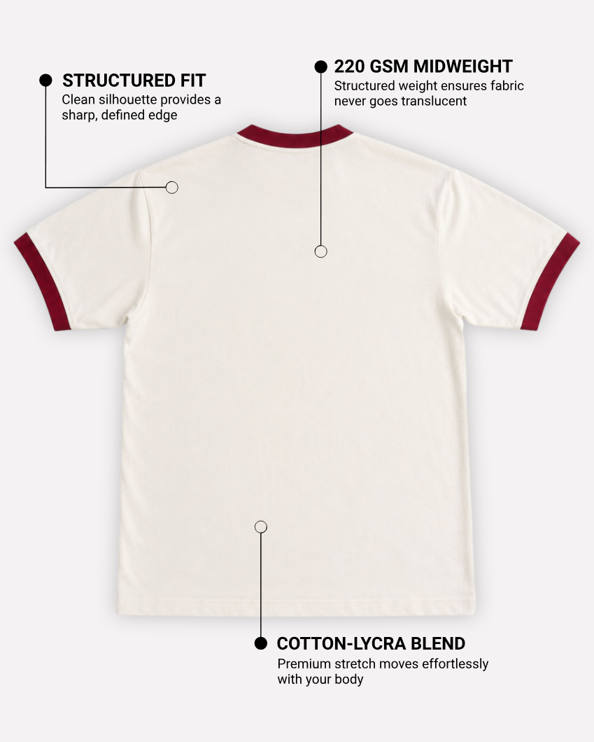 1947 Ringer Tee | 220 GSM 96% Cotton Lycra Off-White & Maroon Ringer T-Shirt