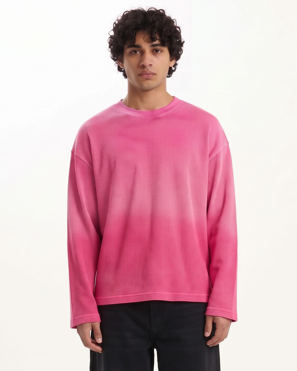 Pink Ombré Waffle Knit Oversized Full-Sleeve T-Shirt | 240 GSM Cotton Waffle Knit Tee