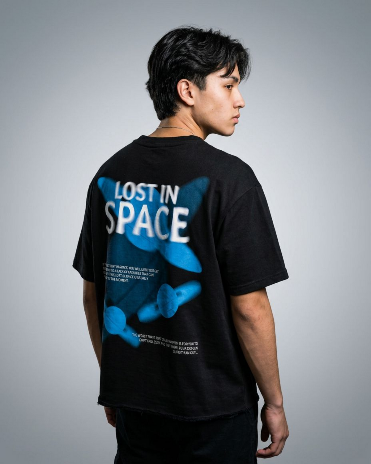 Lost In Space Black Boxy Fit T-Shirt | 240 GSM French Terry Black Graphic Tee