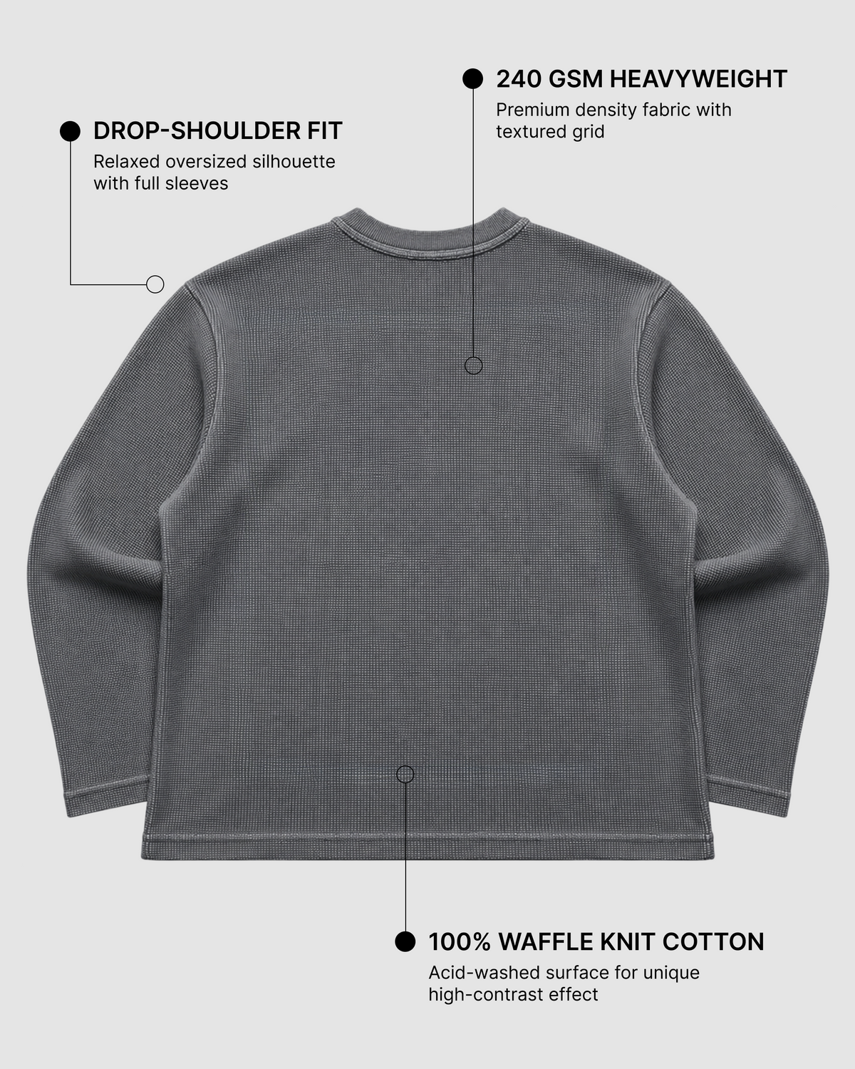 Acid Wash Waffle Knit Oversized Full-Sleeve T-Shirt | 240 GSM Waffle Knit Cotton Oversized Tee