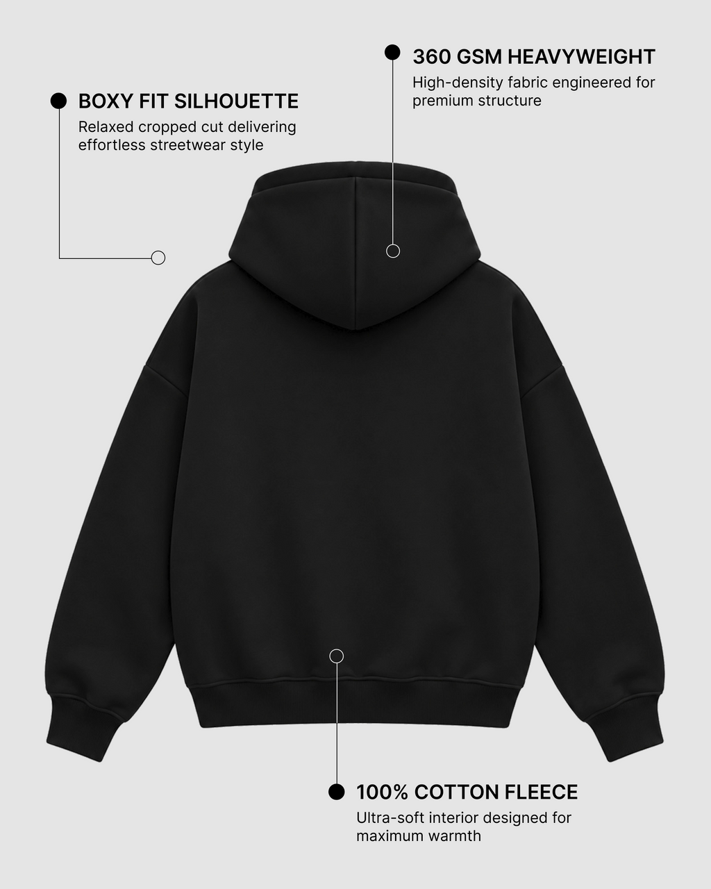 Black Boxy Dual Zipper Hoodie | 360 GSM Cotton Boxy Hoodie