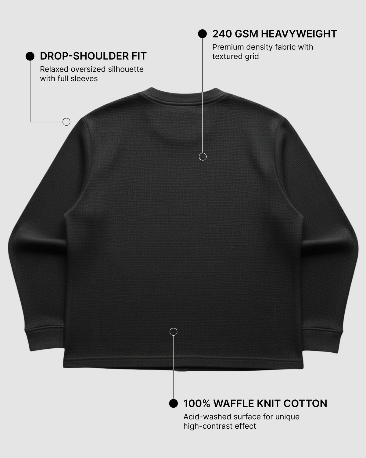 Black Waffle Knit Oversized Full-Sleeve T-Shirt | 240 GSM Cotton Waffle Knit Tee