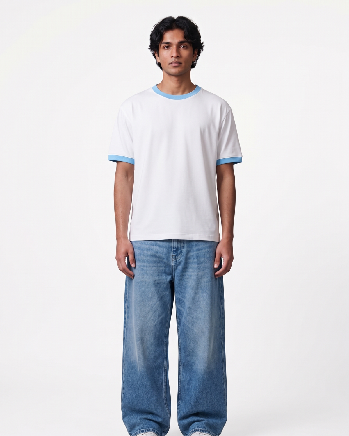 White & Sky Blue Ringer T-Shirt | 220 GSM 96% Cotton Lycra Ringer Tee