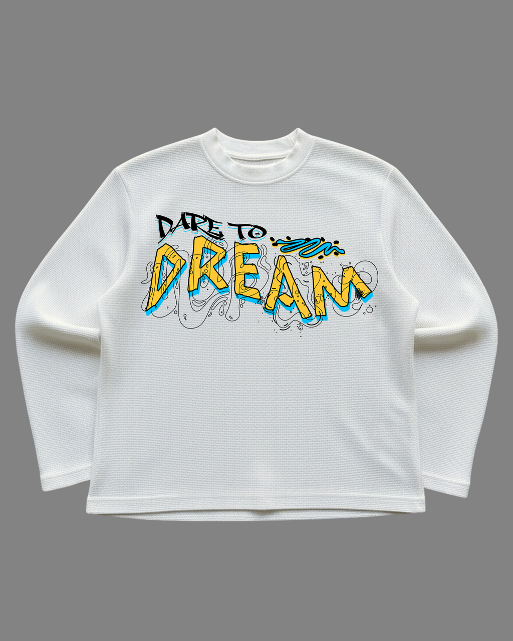 Dare to Dream Off-White Waffle Knit Oversized Full-Sleeve T-Shirt | 240 GSM Cotton Graphic Tee