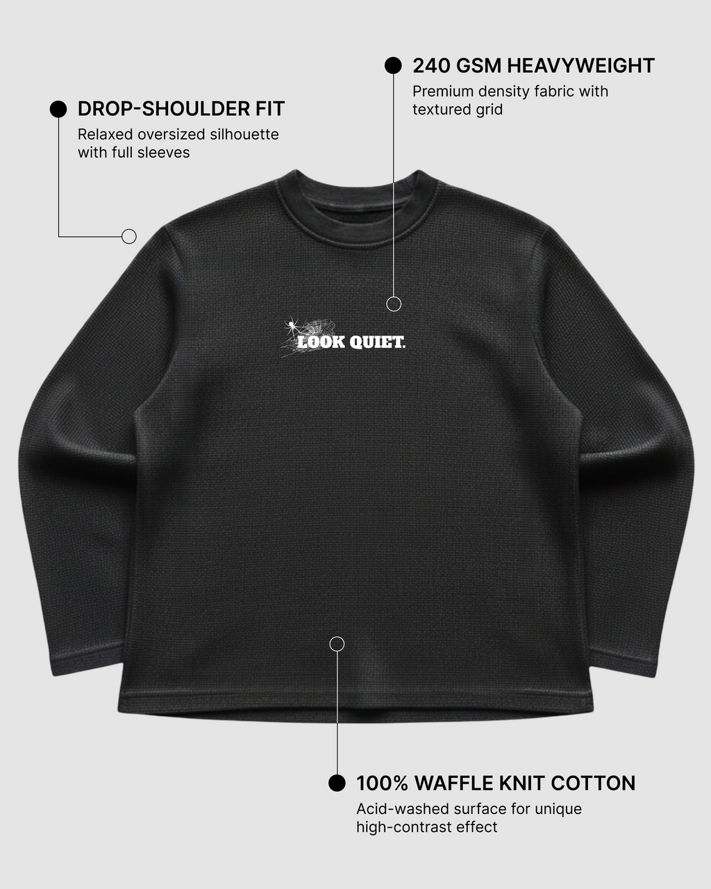 Look Quiet Spider Tee | 240 GSM Cotton Waffle Knit Black Oversized Full-Sleeve Graphic Tee