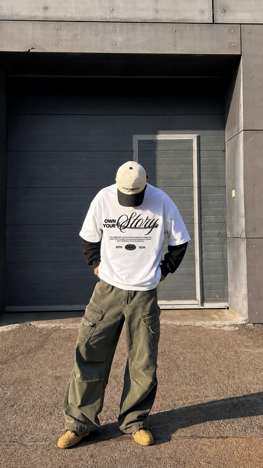 Own Your Story White With Black Sleeve Oversized T-Shirt | 240 GSM French Terry Cotton Graphic Tee