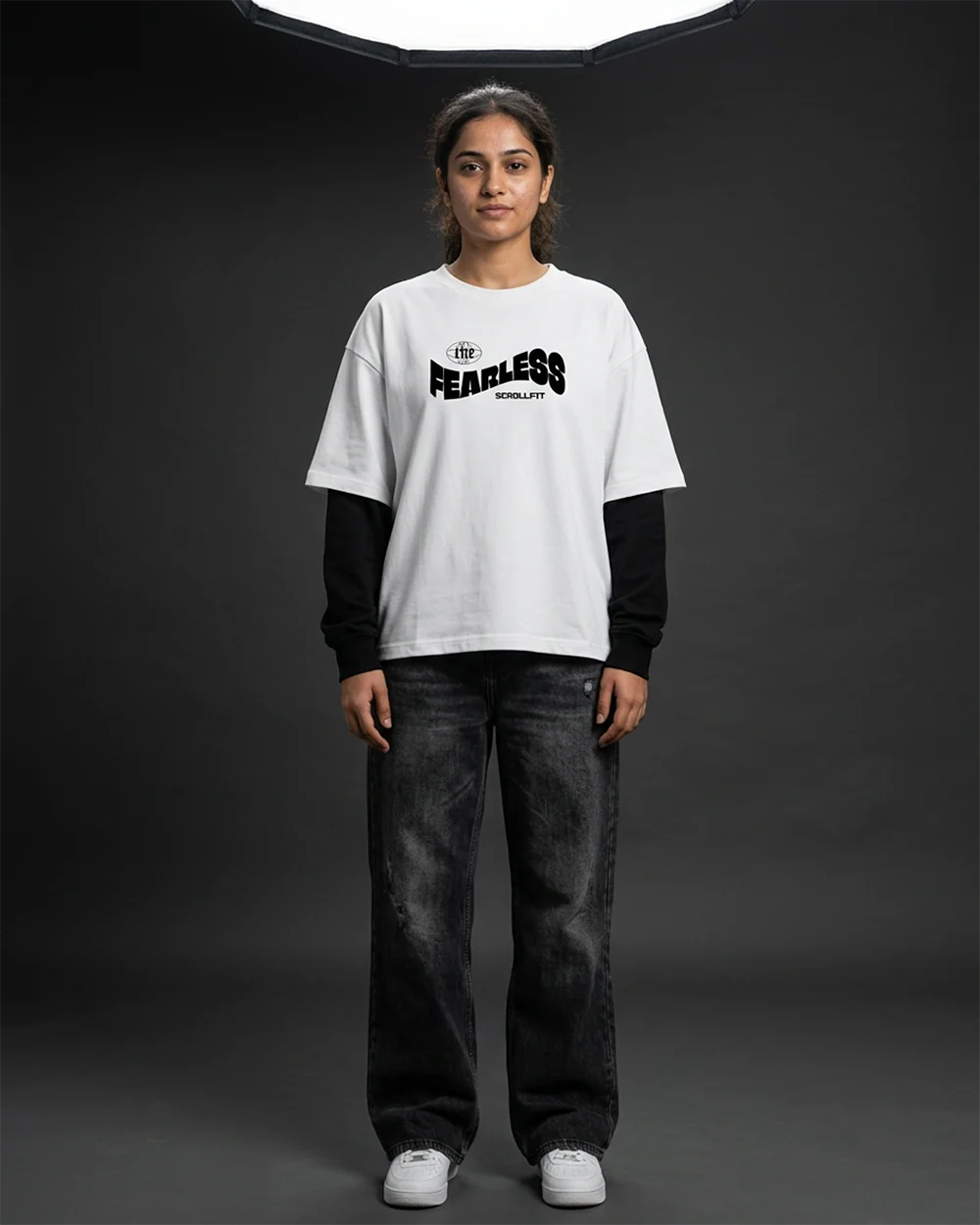 The Fearless Oversized Tee | 240 GSM French Terry Cotton White with Black Sleeves